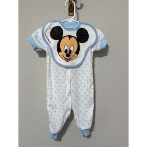 VTG 1984 Mickey Mouse Blue/White Romper Removable Bib Playskool Medium/3-6M